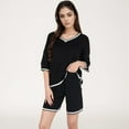 thumbnail image 4 of Women's Knit Lounge Set with V-Neck Top and Drawstring Shorts Featuring Contrast Trim - Black, Medium, 4 of 7