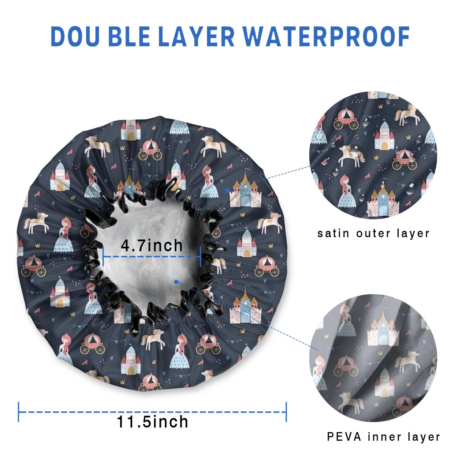 Shower Caps,Dark Princess Castle Pattern Waterproof Shower Cap for Women 4 Pieces,Double Reusable Hair Cover for Shower PEVA Elastic Stretch Hem
