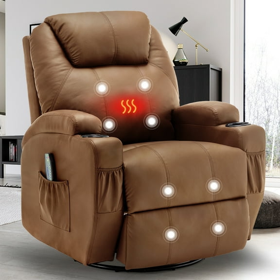 Korser Swivel Rocker Recliner Chair with Massage Faux Leather for Living Room,Lightbrown