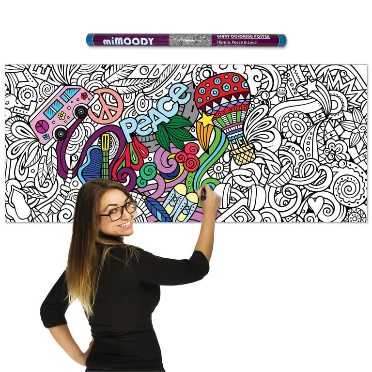 miMOODY - Giant Coloring Poster - Hippie, Peace & Love | Rolled Huge  Coloring Poster 30 x 68.9 | Fun Coloring for Adults, Kids, and Families  at