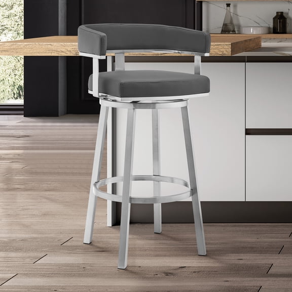 Armen Living Lorin 30" Modern Faux Leather Swivel Bar Stool in Gray