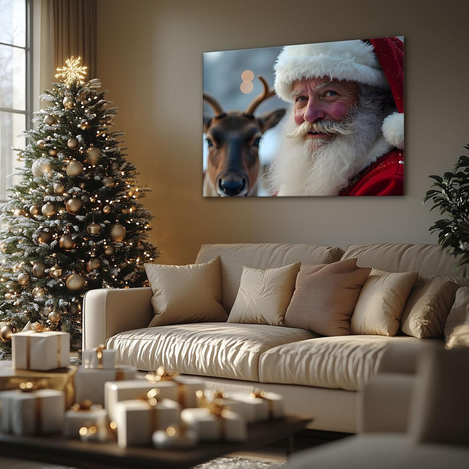 Christmas canvas wall art decor, Santa Claus with Reindeer Canvas Print, Festive Holiday Decor for Room, Unique Christmas Gift for Family and Friends, Adds Christmas Spirit to Your Home 24X30inch