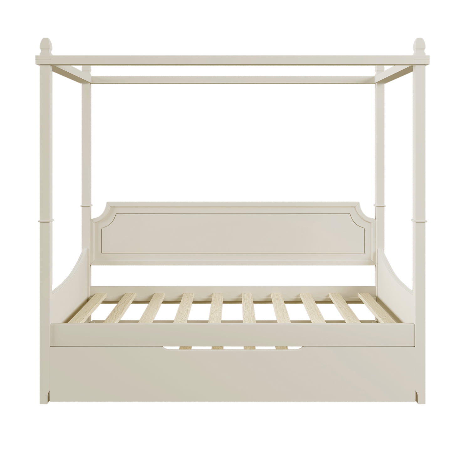 Kadyn Milky White Canopy Daybed, Twin Size Canopy Daybed Frame with Trundle Four Square Columns, Solid Wood Platform Bed Canopy Daybed Frame for Kids Adults Bedroom Dorm, White
