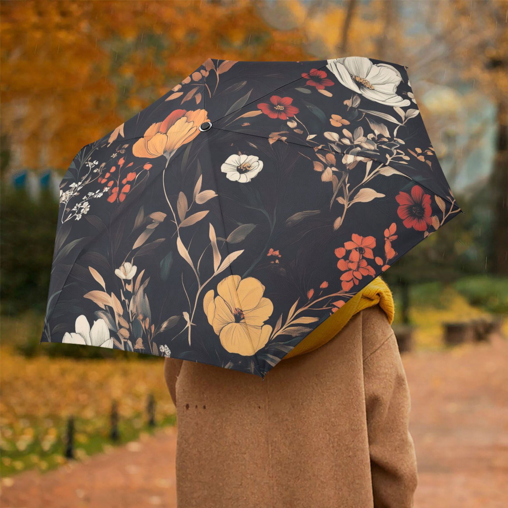 FORMRS Travel Umbrella Folding Auto Open Close Windproof Rain UV Protection, Black Floral Pattern