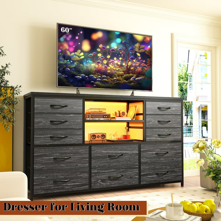 dresser tv stand combo GIKPAL 9 Drawer Dresser, Dressers for Bedroom TV Stand with Power Outlets LED Lights, Fabric Chest of Drawers Black Dresser TV Stand for up to 50" TV
