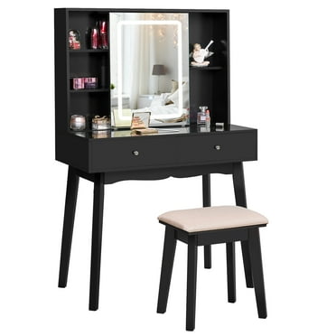 IRONCK 41" Farmhouse Vanity Desk With Sliding Mirror & Lights, Glass Top & Charging Station, Includes Stool
