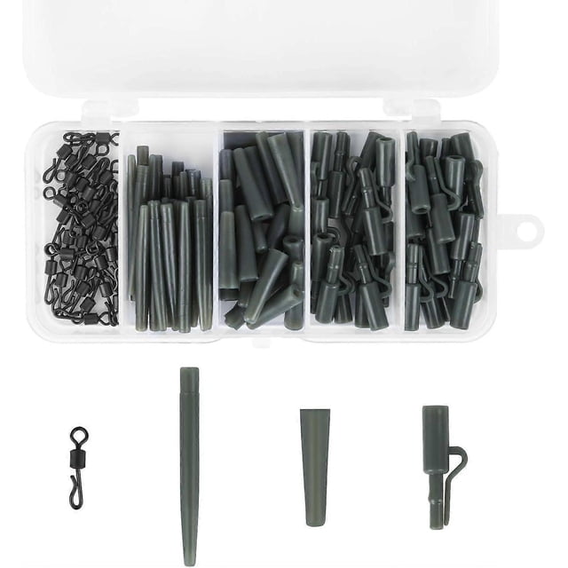 120Pcs Carp Fishing, Fishing Accessories Kit, Anti-Tangle Sleeves, Safety Lead Clips, Fishing Line Aligner with Box, Rubber and Tapered Tube (4 Types)