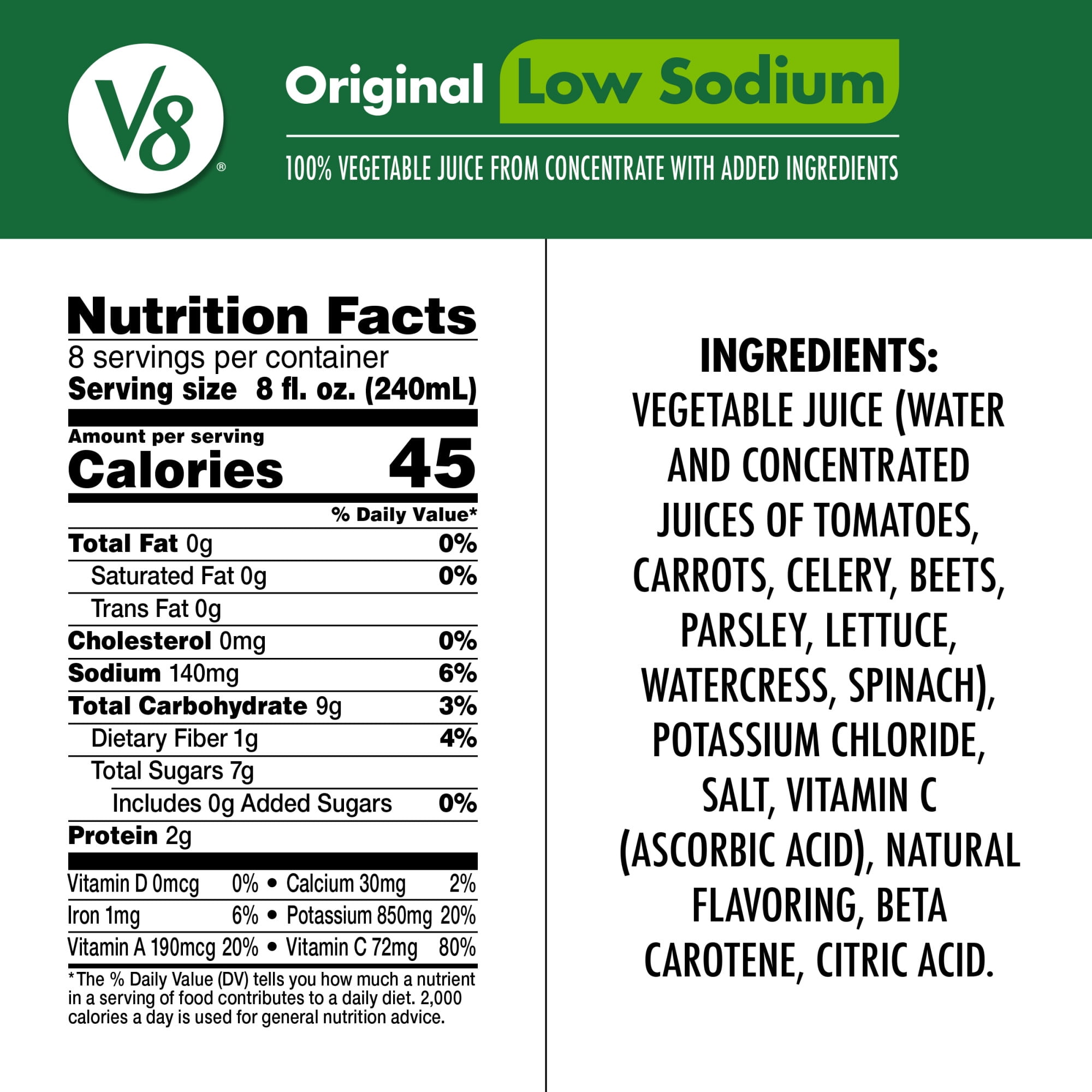 (6 pack) V8 Low Sodium Original 100% Vegetable Juice, 64 fl oz Bottle, 6 Count