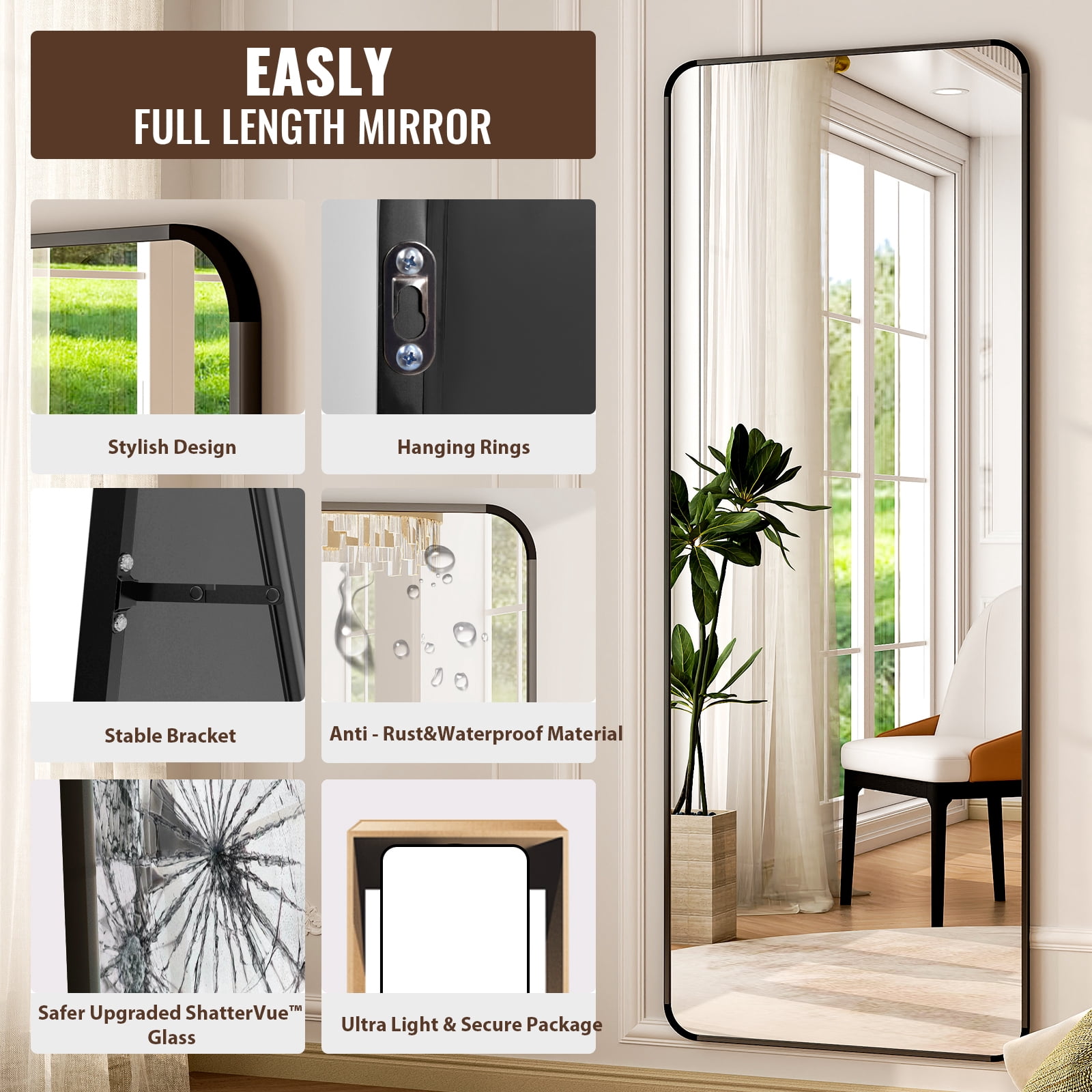 Anyrose 64"x21" Rectangle Full Length Mirror Floor Mirror with Stand Wall Mounted,Black