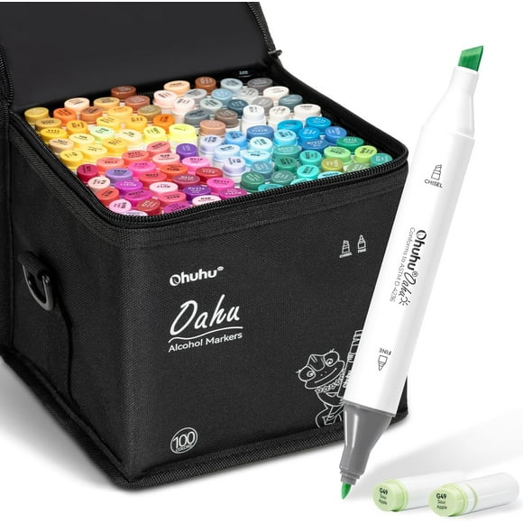 Marqueurs à Alcool à Double Pointe Ensemble de Marqueurs d'Art pour Artistes Adultes Coloriage Croquis Illustration - Biseau et Pointes Doubles Fines - 100 Couleurs - Série Oahu de Marqueurs Ohuhu