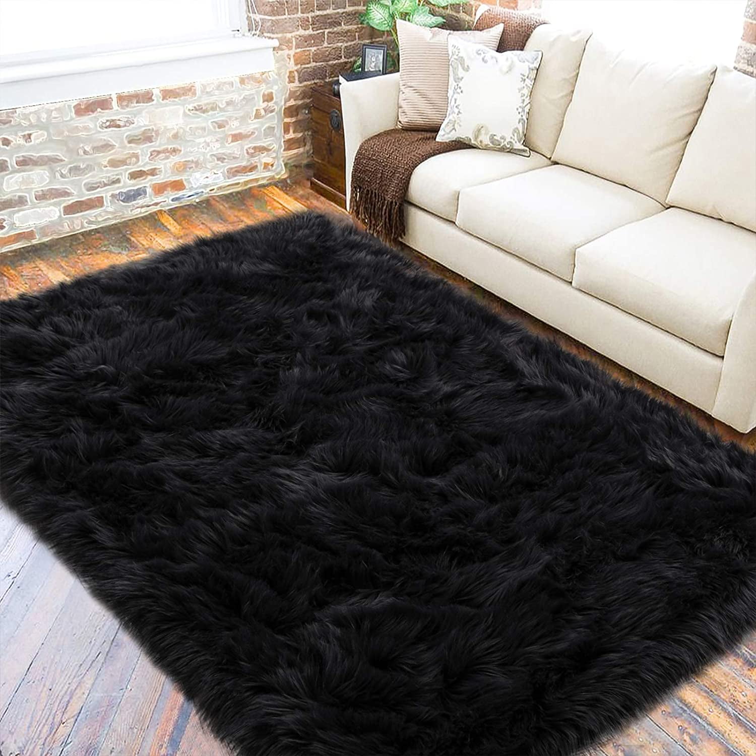 Lochas Soft Faux Sheepskin Area Rugs for Bedroom Shaggy Plush Floor Bedside Carpet,3'x5',Black