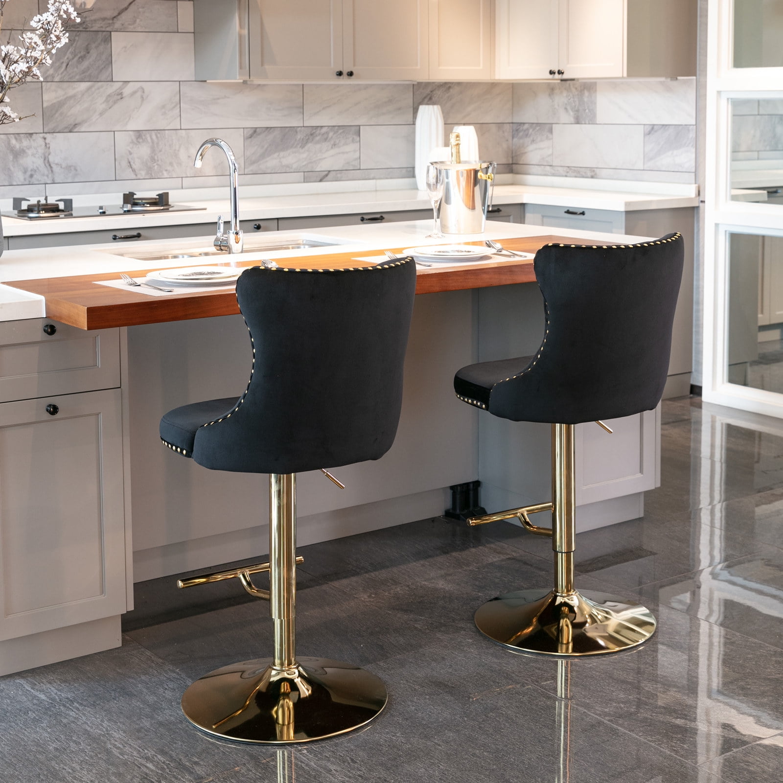 Counter Height Bar Stools from 25-33 Inch, Swivel Barstools with High Back, Button Tufted and Nailheads Trim, Velvet Upholstered Bar Chairs for Kitchen Dining Room (Black with Gold Base,Set of 6)