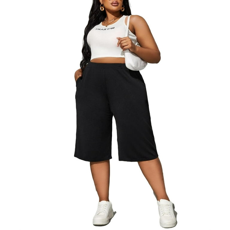 Women's Casual Plain Wide Leg Black Capris Plus Size Pants 4XL (20