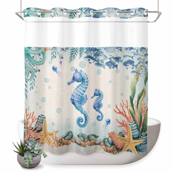 No Hook Shower Curtain, Seahorse Coastal Shower Curtains for Bathroom with See Through Top Window, Summer Nautical Starfish Coral Beige Waterproof & Washable Bath Curtain 66"x72"