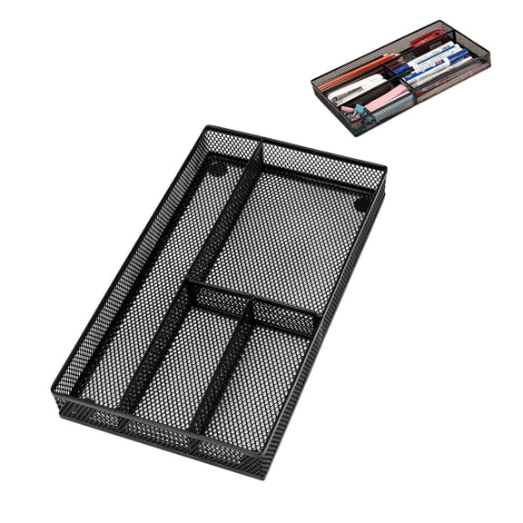 Metal Mesh Desk Drawer Organizer with 6 Compartments, Small Tray for Office, Bathroom, Kitchen or Makeup, Black