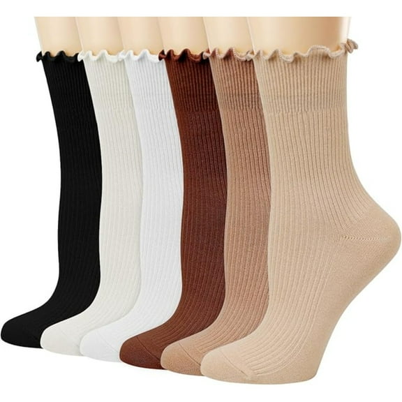 SONGAUN Socks for Women, Casual Cute Cotton Crew Socks, Frilly Novelty Knit Socks 6 Pairs
