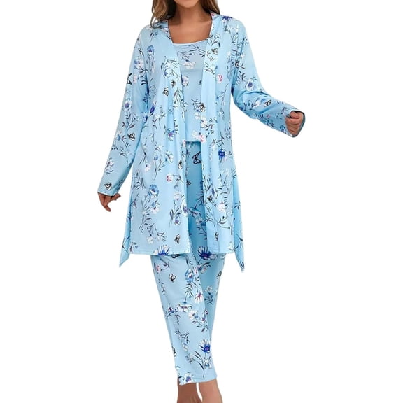 ZANKLEY Womens Pajamas Set 3 Piece Floral Butterfly Print Cami Top Long Pants Robe Sleepwear Loungewear Comfort