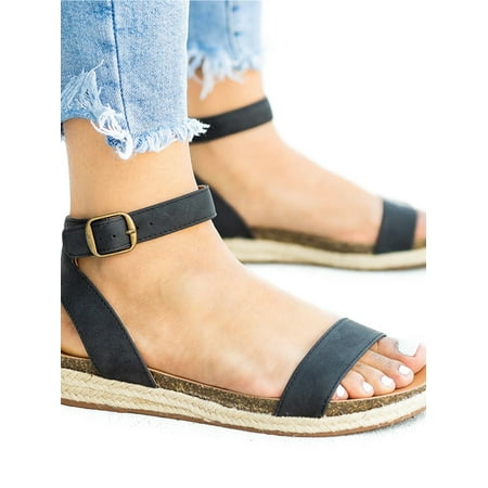 Womens Flat Low Wedge Summer Espadrilles Sandals Ankle Strap Buckle