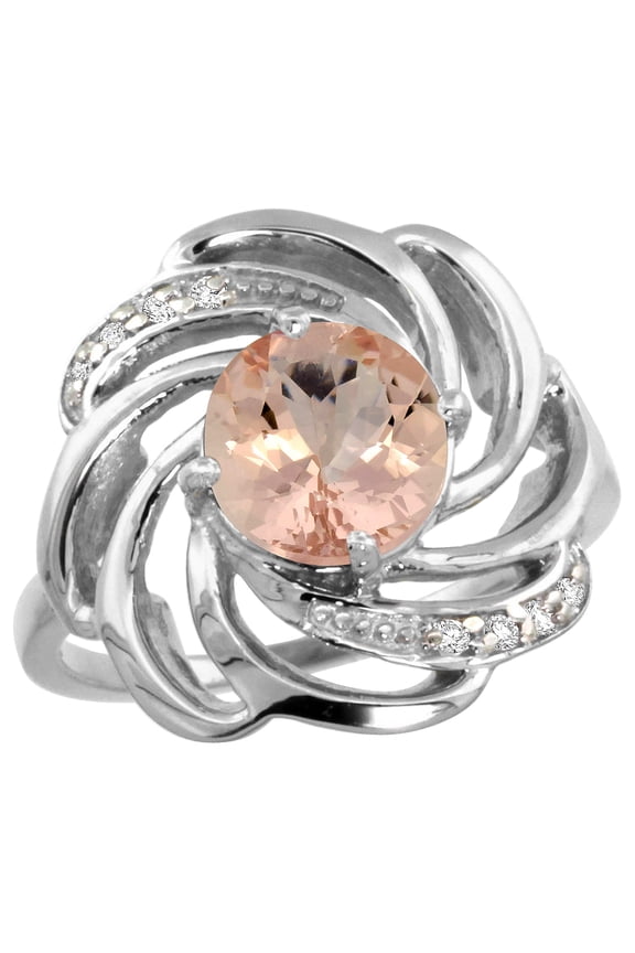 14k White Gold Stone Natural Morganite Whirlpool Ring Round 8mm Diamond Accented, size 7