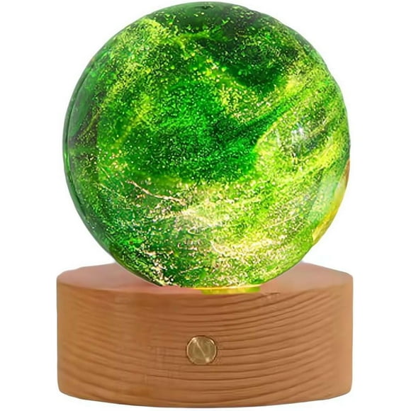Crystal Cracked Glass Balls with LED Wooden Base, Colorful Night Light, Modern Decorative Balls (Green, 1.97 * 1.97 * 0.79 inch)