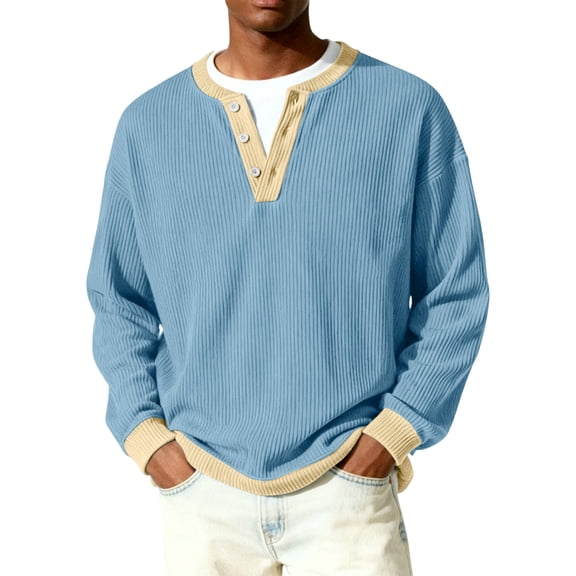 Nokdvo Mens Waffle Shirts Long Sleeve Trendy Quarter Button Up Henley Casual Pullover Tops Fall Winter Textured Color Block Loose Sweatshirt,Sky Blue L