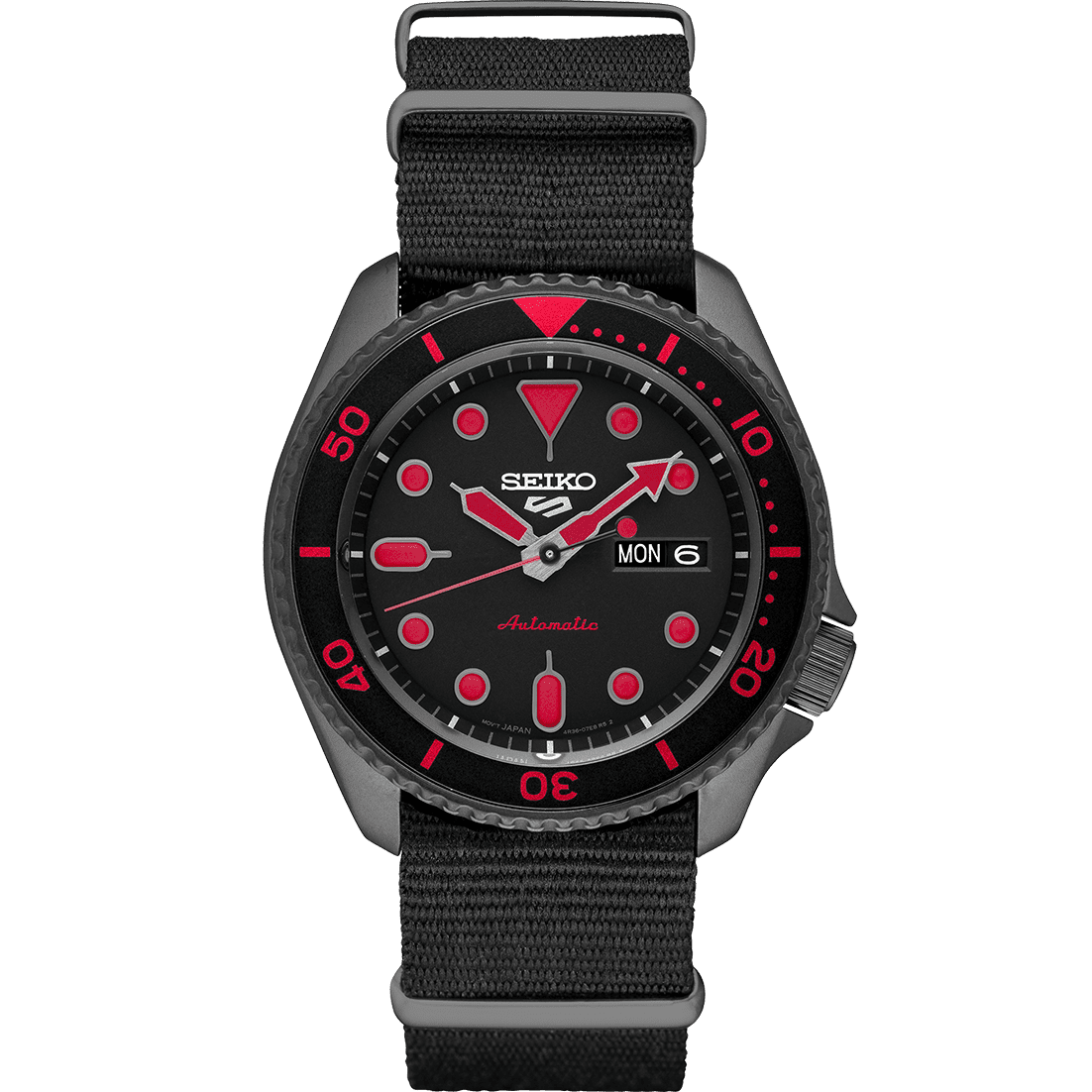 Seiko 5 Sports SRPD83 Black Red Accent Dial Nylon Day Date Automatic  Men's Watch 