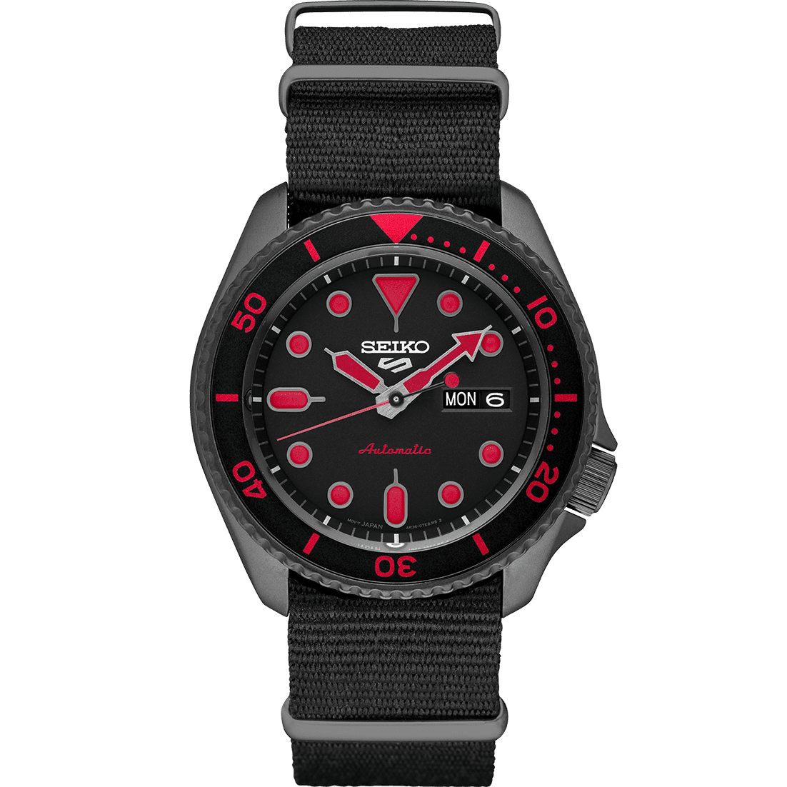 Seiko 5 Sports SRPD83 Black Red Accent Dial Nylon Day Date Automatic