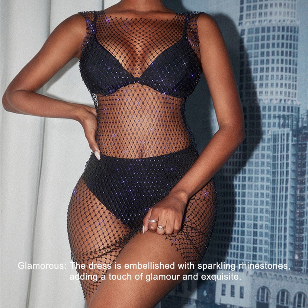 sexy net club dress enqiretly Stripper Club Women Fishnet Above-knee Dress Net Design Pole  Dancer Sexy Rhinestone See-through Dresses Female Lap Dance Costume White L