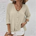 thumbnail image 2 of Ltctricy Cotton Linen Tops for Women 3/4 Length Sleeve V Neck Crossover Button down T Shirts Casual Loose Blouses(Beige,Large), 2 of 6