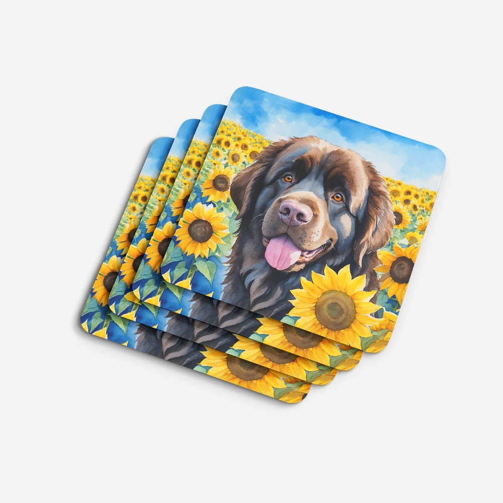 Newfoundland in Sunflowers Foam Coasters 3.5 in x 3.5 in