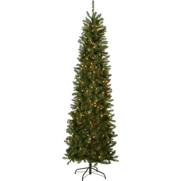 PIESSF 9 ft Pre-Lit Kingswood Fir Slim Artificial Christmas Tree, 500 Clear Lights, 1,443 Tips, Includes Stand, Green