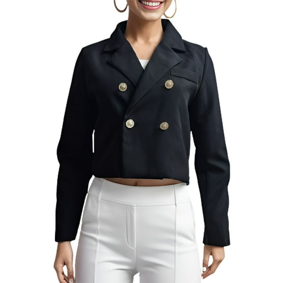 SWSMCLT Women's Long Sleeve Fashion Business Casual Double Breasted Blazer Button Short Casual Suit Jacket Black X-Large