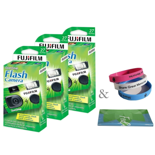 Fujifilm QuickSnap 7033661 Disposable Camera (3 Pack) Plus a Bonus Wrist Band and a Cleaning Cloth