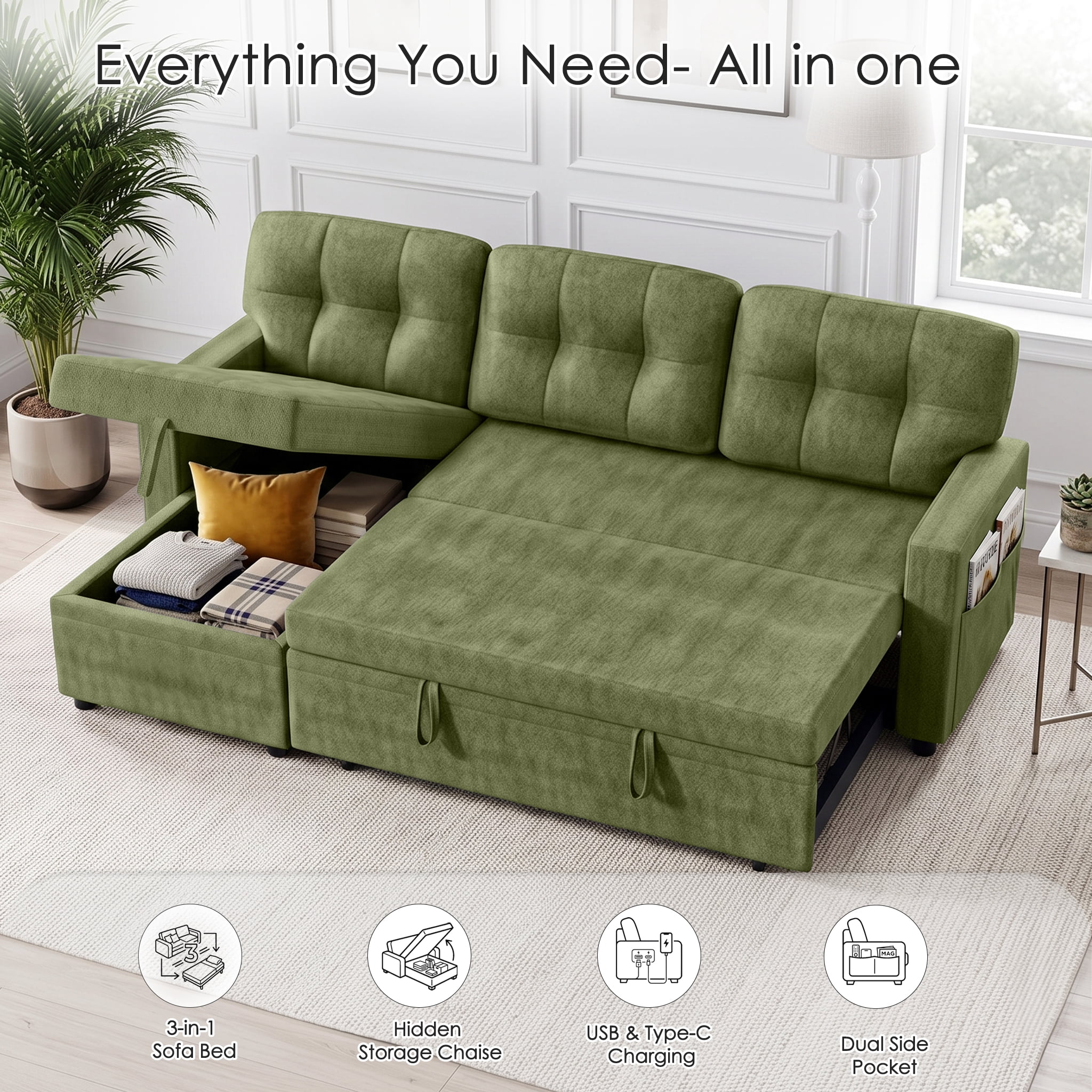 Xiweot Convertible Sleeper Sofa Bed, 82" L Shaped Sectional Couch with Pull Out Bed, Storage Chaise & Reversible Lounge, Teddy Fabric Compact Sectional Sofa for Living Room Apartment (Green)