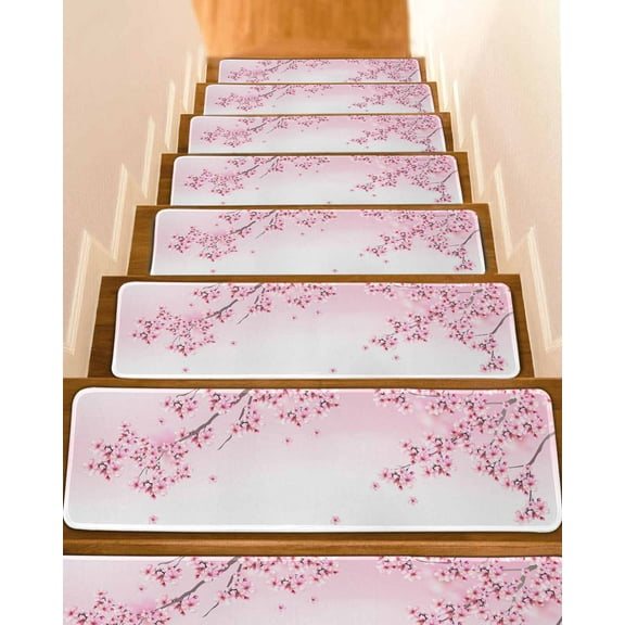 Pink Flowers Stair Treads for Wooden Steps Indoor Runner Rug Carpet, Spring Botanical Floral Branches Gradient 7 Pieces Peel and Stick Staircase Step Treads Covers Washable Throw Door Mats, 30"x8"