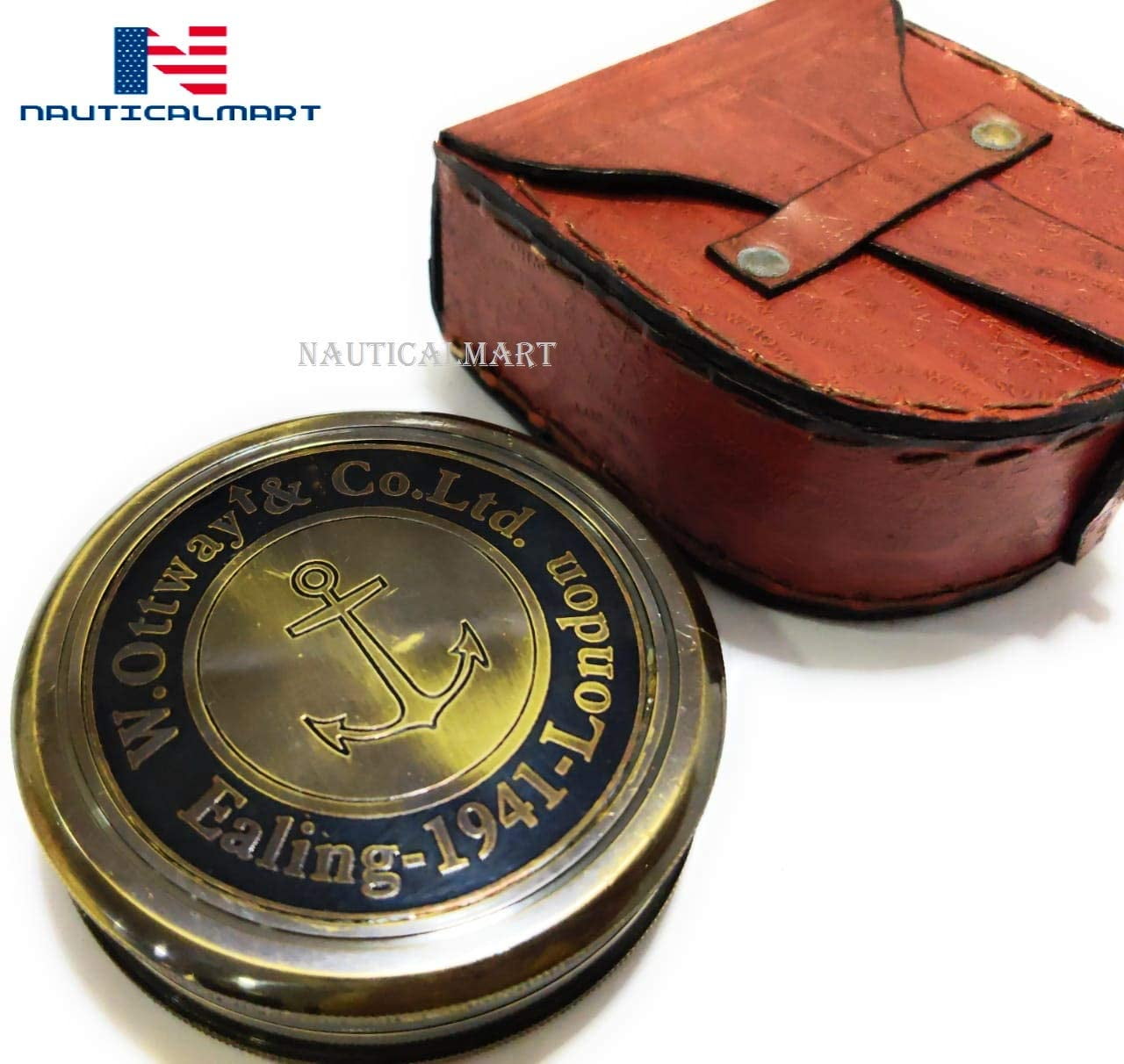 Antique Nautical Push Button Sundial CompassBrass Compass with Leather Carry 