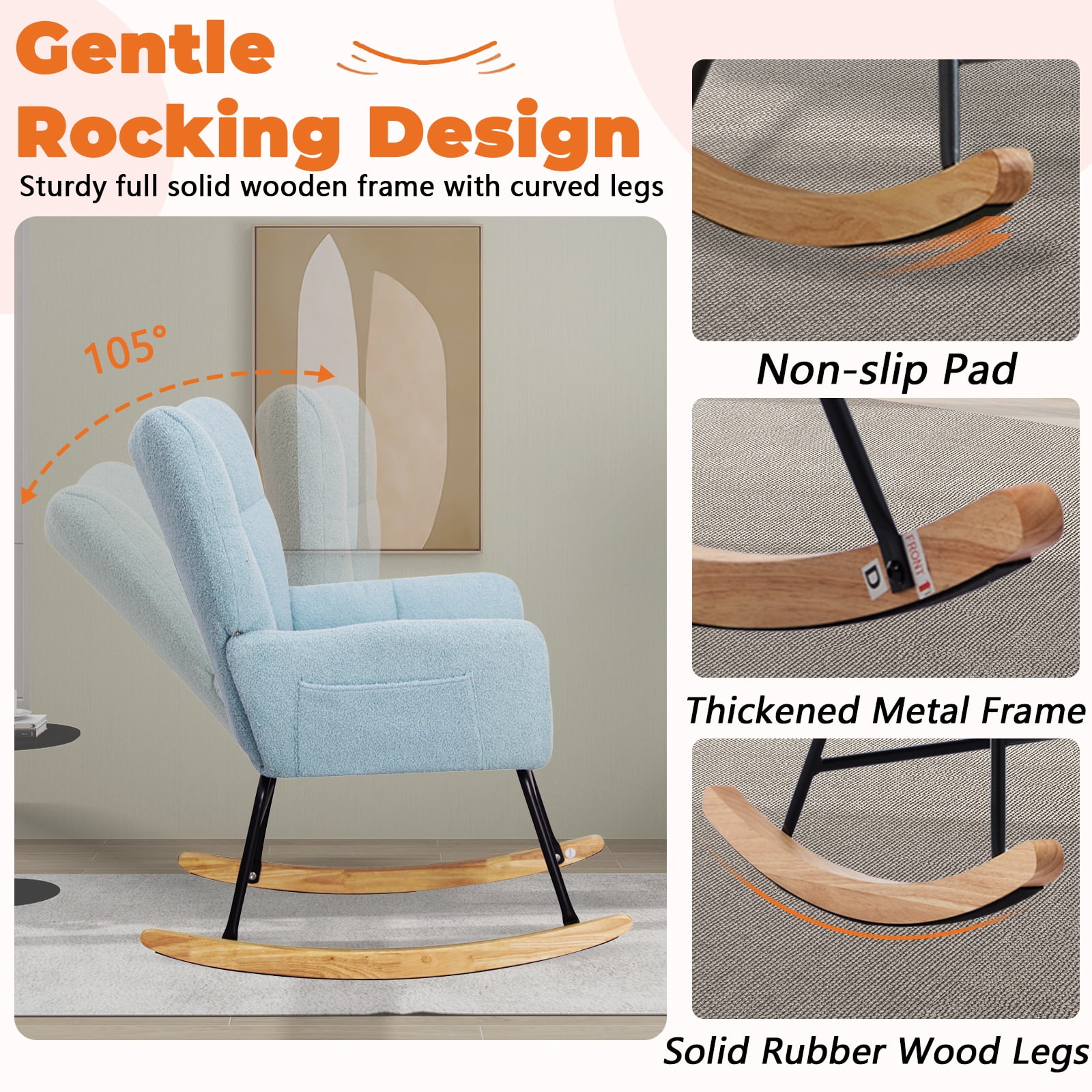SENCHO GINSYTALIOR Nursery Rocking Chair Teddy Upholstered Glider Rocker,Rocking Accent Chair Padded Seat with High Backrest ,Solid Wood Legs for Nursery Bedroom Living Room(Blue）