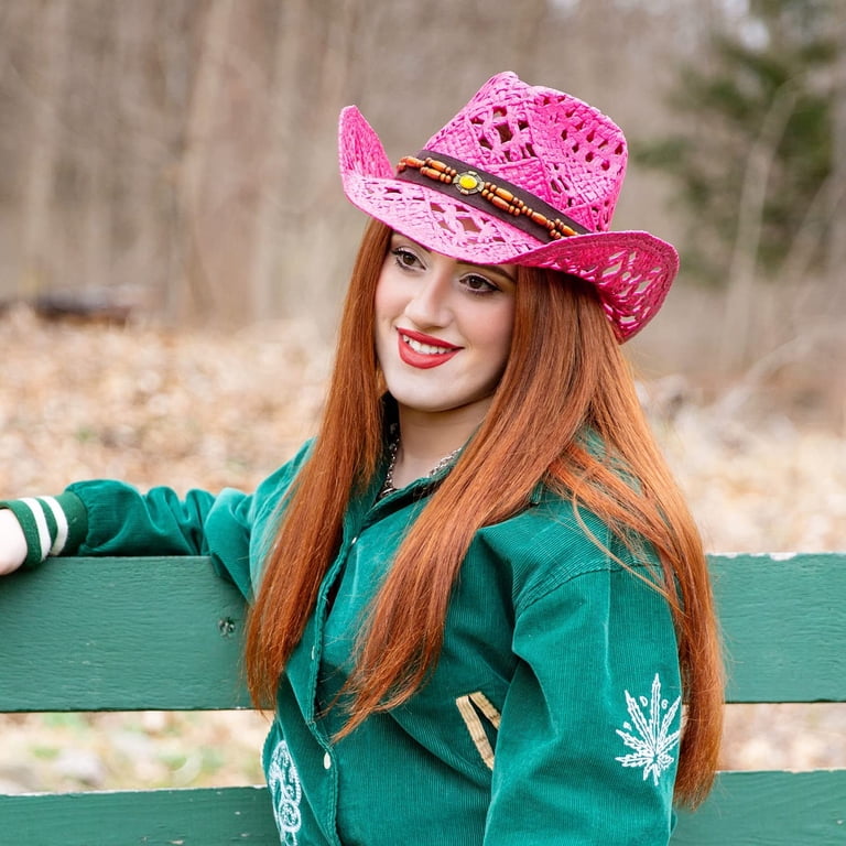 Cowboy Hat W/Vegan Leather Band & Beads, FUCSHIA - Walmart.com display picture 2