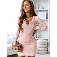 thumbnail image 5 of Womens Cute Henley Long Sleeve Knit Stretchable Slim Sweater Bodycon Mini Sweater Dress with Pockets Pink XXXL, 5 of 8