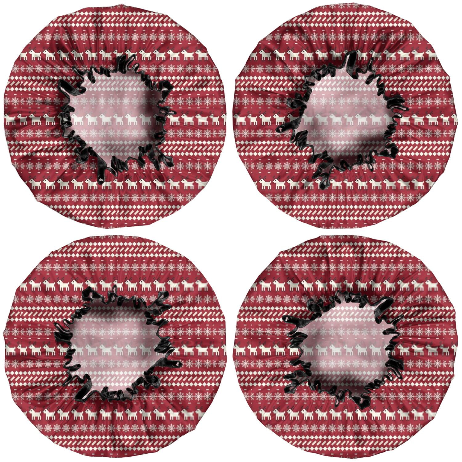 Shower Caps,Red Christmas Folk Pattern Waterproof Shower Cap for Women 4 Pieces,Double Reusable Hair Cover for Shower PEVA Elastic Stretch Hem