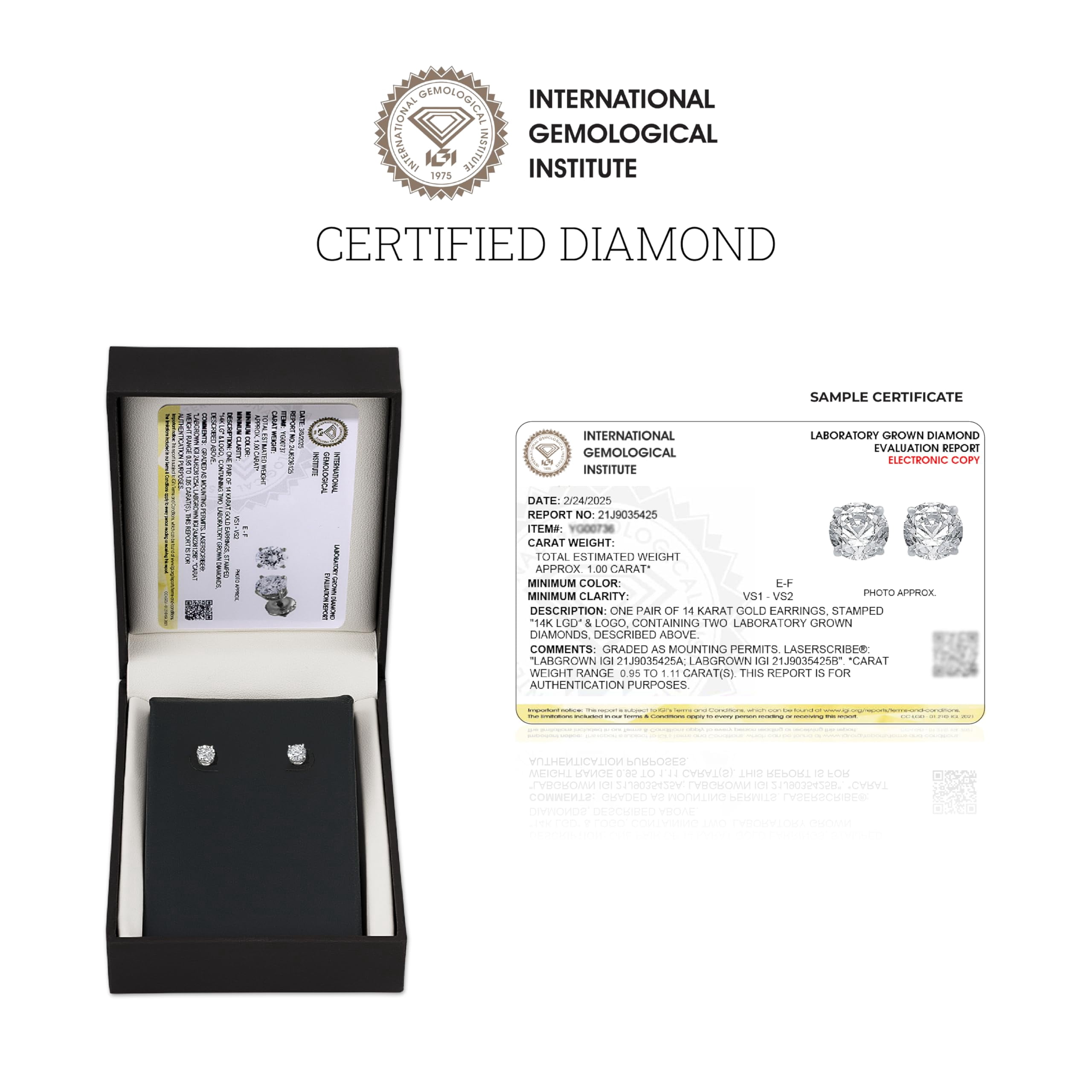 Gilded 1 Carat Total Weight IGI Certified Lab-Grown Diamond 14KT White Gold Stud Earrings for Women| Hypoallergenic Fine Gold Jewelry| 4-Prong Basket Push, Back Nut|VSI1 Clarity, E-F Color, Round Cut