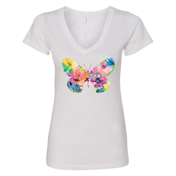 Inktastic Butterfly Shape with Colorful Flowers Women's V-Neck T-Shirt