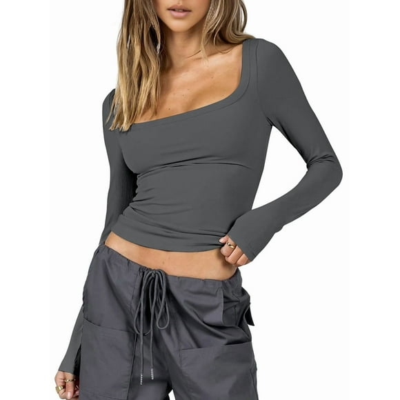 Womens Cotton Crop Tops Long Sleeve T Shirts Square Neck Y2k Tops Slim Fit Going Out Fall Fashion Clothes Dark Gray L