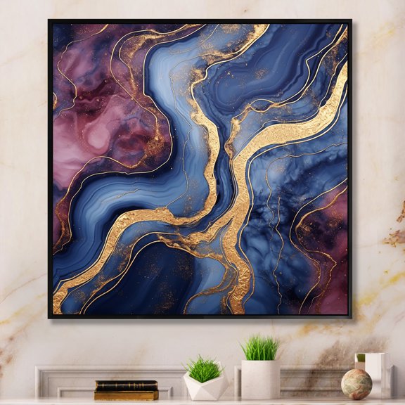 Designart "Essence of Blue and Gold Abstract Marble II" Abstract Framed Wall Art - Blue Abstract Marble Hallway Framed Wall Art Decor