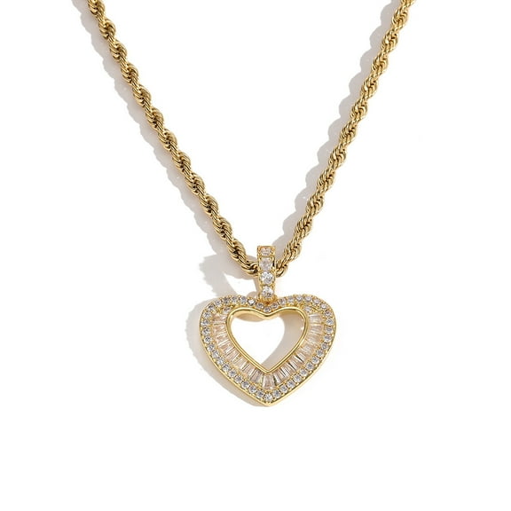 Small Hollow Heart 14K Yellow Gold Pendant Necklace For Women Rectangle CZ Stone Pave Charm Gift For Girlfriend Romantic Jewelry