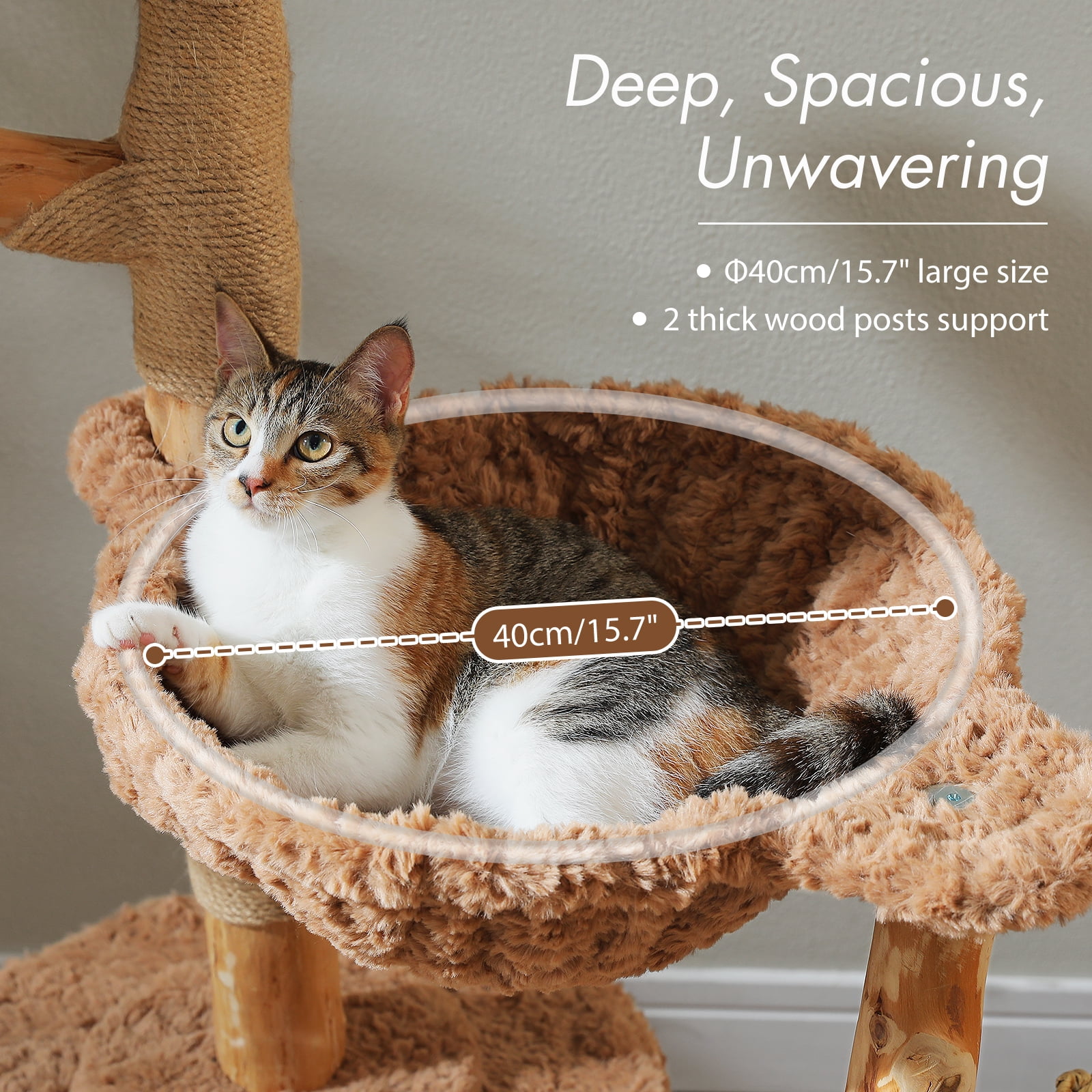 Pefilos 59" Modern Cat Tree Tower with 2 Flower Perches, Condo, Wicker Basket Bed, Boho Cat Furniture with Real Branch Scratching Post, Brown