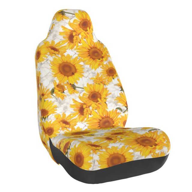 Wukai White Marble Pattern Sunflower Full Set Car Seat Covers with Soft Padding Universal Auto Front Seats Protector and Cushion Mat