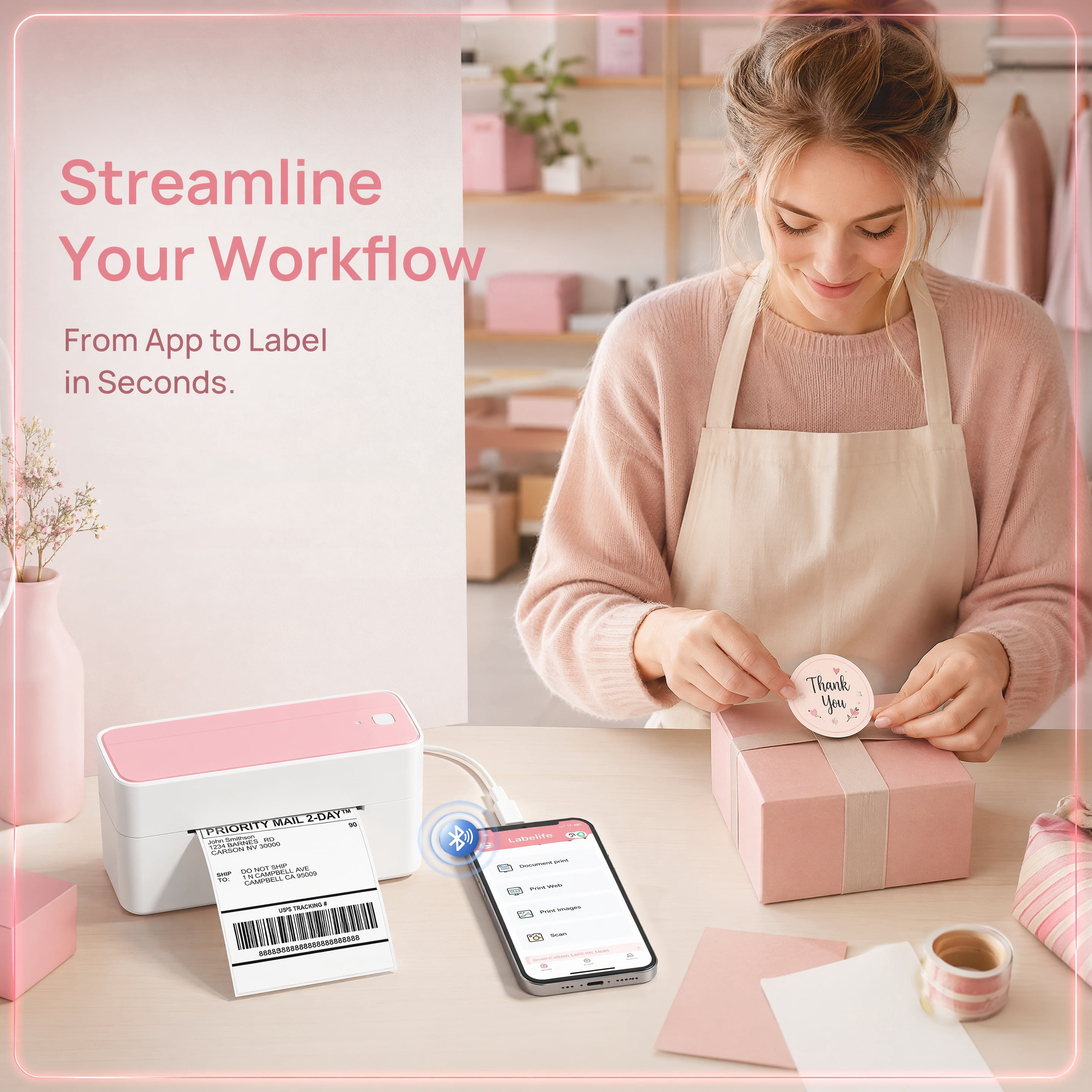 Wuduguer Shipping Label Printer - 241BT 4X6 Wireless Thermal Label Printer, Bluetooth Thermal Label Printers for Small Business, Compatible with iPhone, Android, Amazon, Shopify, UPS（Pink）