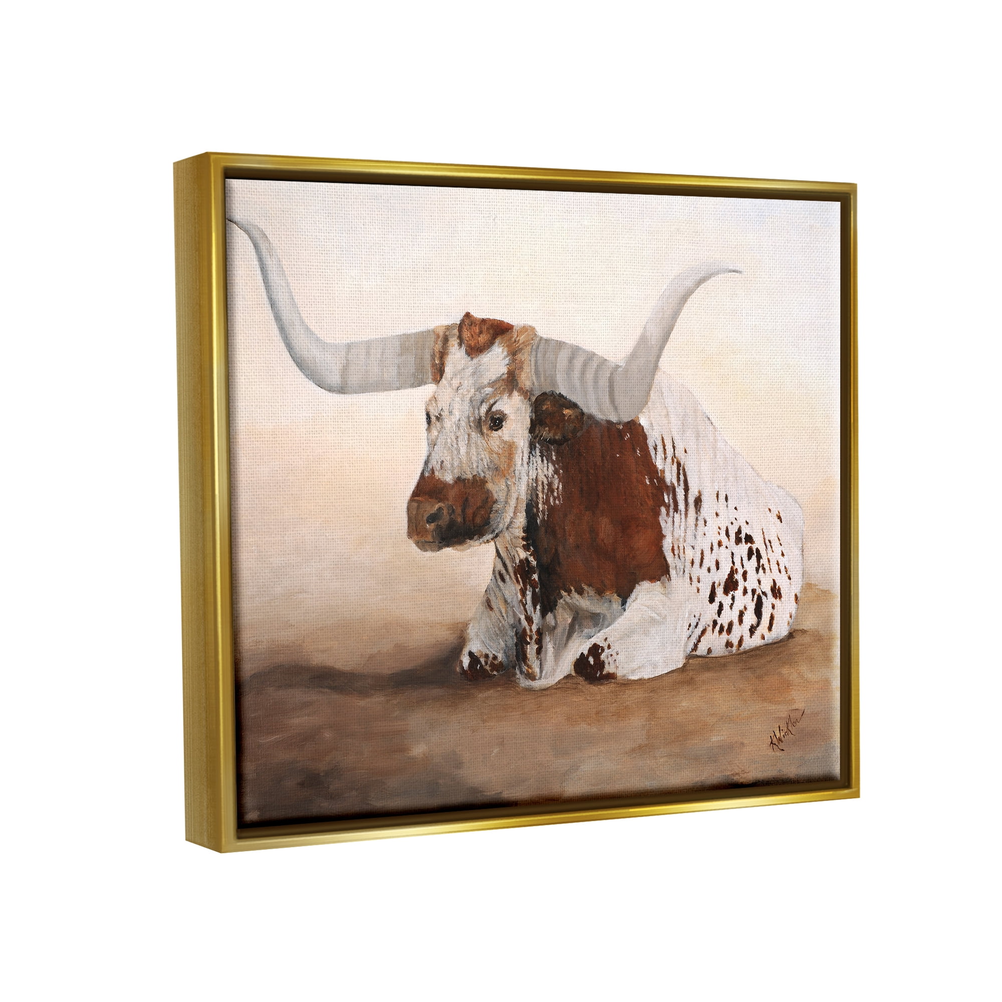 Stupell Longhorn Cattle Resting Painting Animals & Insects Painting Gold Floater Framed Art Print Wall Art