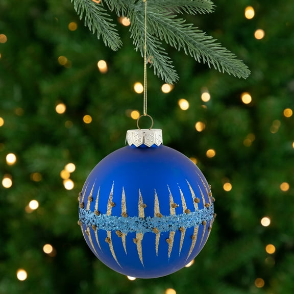 Northlight 4" Blue and Gold Glitter Glass Ball Christmas Ornament